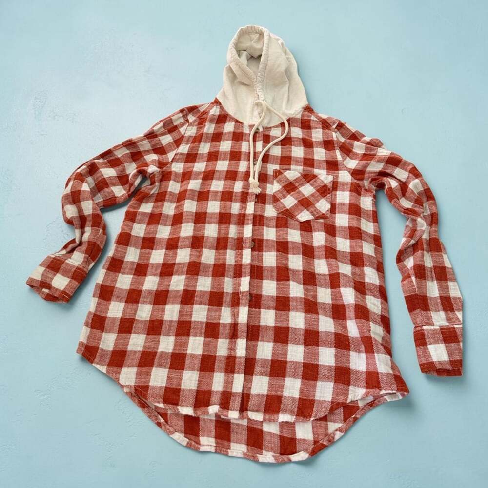Ice never Time and Tru Red and White Buffalo Plaid Flannel Hooded Shirt